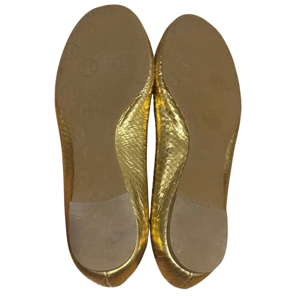 Tory Burch Reva Gold Metallic Fish Scales Ballet Flats Soft Leather Medallion 9M